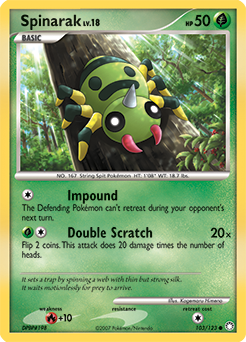 Common Pokémon card Spinarak 103/123 from Mysterious Treasures expansion