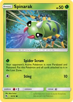Common Pokémon card Spinarak 9/214 from Lost Thunder expansion