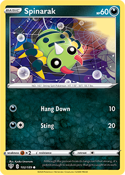Common Pokémon card Spinarak 102/189 from Darkness Ablaze expansion