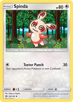 Uncommon Pokémon card Spinda 102/149 from Sun & Moon expansion