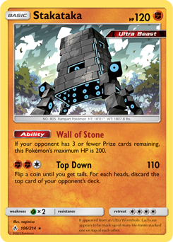 Rare holo Pokémon card Stakataka 106/214 from Unbroken Bonds expansion