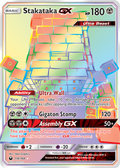 Secret Rainbow GX Pokémon card Stakataka GX 176/168 from Celestial Storm expansion