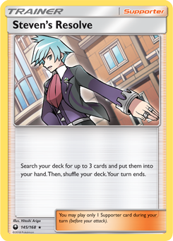 Rare holo Pokémon card Steven's Resolve 145/168 from Celestial Storm expansion