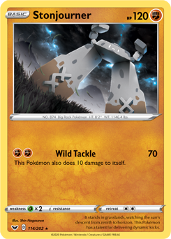 Rare Pokémon card Stonjourner 114/202 from Sword & Shield expansion