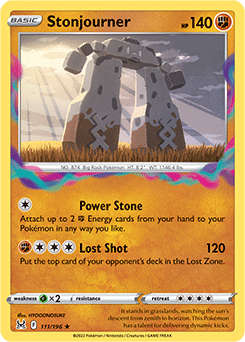 Rare Pokémon card Stonjourner 111/196 from Lost Origin expansion