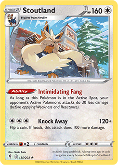 Rare Pokémon card Stoutland 135/203 from Evolving Skies expansion