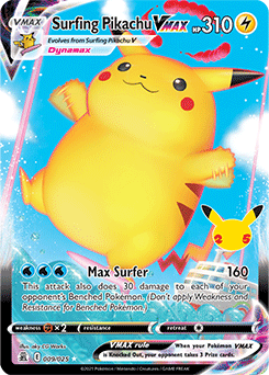 Ultra rare VMAX Pokémon card Surfing Pikachu VMAX 9/25 from Celebrations expansion
