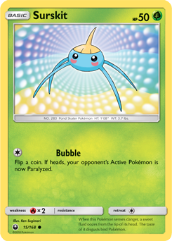 Rare Pokémon card Surskit 15/168 from Celestial Storm expansion