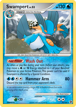 Rare holo Pokémon card Swampert 9/106 from Great Encounters expansion