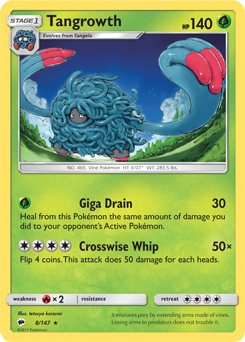 Rare Pokémon card Tangrowth 8/147 from Burning Shadows expansion