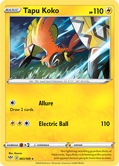 Rare Holo Pokémon card Tapu Koko 61/189 from Darkness Ablaze expansion