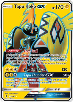 Full Art Pokémon Pokémon card Tapu Koko GX 135/145 from Guardians Rising expansion