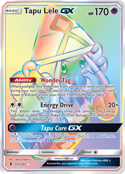 Secret Rainbow GX Pokémon card Tapu Lele GX 155/145 from Guardians Rising expansion