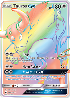 Secret Rainbow GX Pokémon card Tauros GX 156/149 from Sun & Moon expansion