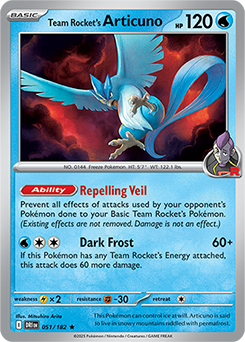 Rare Pokémon card Team Rocket's Articuno 51/182 from Destined Rivals expansion