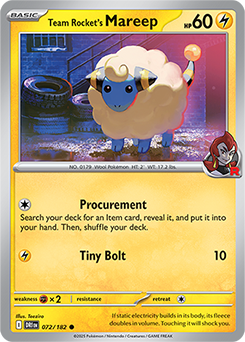 Common Pokémon card Team Rocket's Mareep 72/182 from Destined Rivals expansion