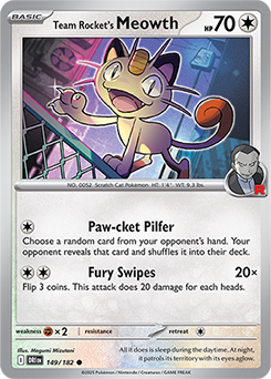 Common Pokémon card Team Rocket's Meowth 149/182 from Destined Rivals expansion