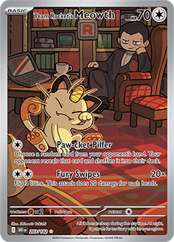 Illustration rare Pokémon card Team Rocket's Meowth 203/182 from Destined Rivals expansion