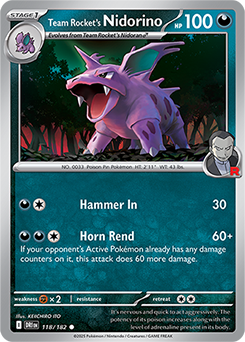 Common Pokémon card Team Rocket's Nidorino 118/182 from Destined Rivals expansion