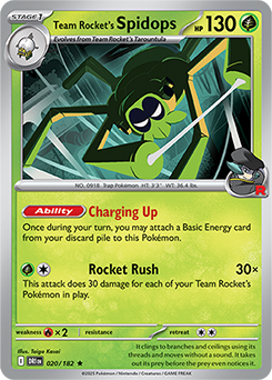 Rare Pokémon card Team Rocket's Spidops 20/182 from Destined Rivals expansion