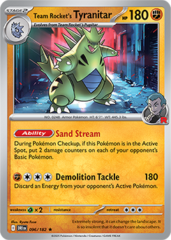 Rare Pokémon card Team Rocket's Tyranitar 96/182 from Destined Rivals expansion