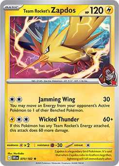 Rare Pokémon card Team Rocket's Zapdos 70/182 from Destined Rivals expansion