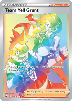 Secret Rainbow Trainer Pokémon card Team Yell Grunt 210/202 from Sword & Shield expansion
