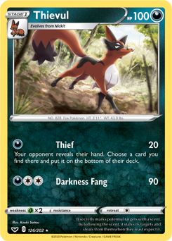 Rare Pokémon card Thievul 126/202 from Sword & Shield expansion