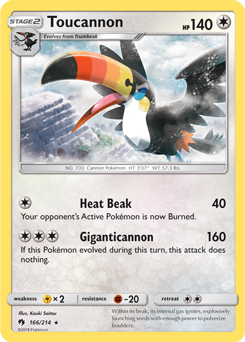 Rare Pokémon card Toucannon 166/214 from Lost Thunder expansion