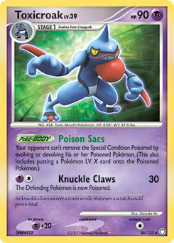 Rare Pokémon card Toxicroak 36/123 from Mysterious Treasures expansion
