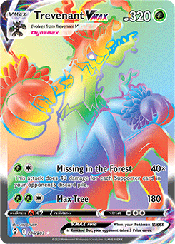 Rainbow VMAX Pokémon card Trevenant V 206/203 from Evolving Skies expansion
