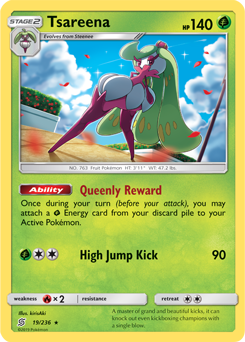 Rare holo Pokémon card Tsareena 19/236 from Unified Minds expansion