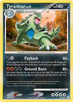 Rare holo Pokémon card Tyranitar 17/123 from Mysterious Treasures expansion