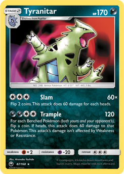 Rare holo Pokémon card Tyranitar 87/168 from Celestial Storm expansion