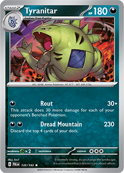 Rare Pokémon card Tyranitar 135/193 from Paldea Evolved expansion