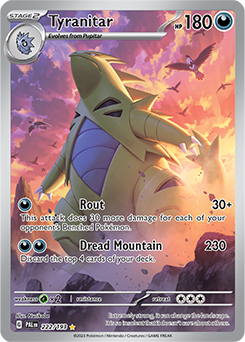Illustration rare Pokémon card Tyranitar 222/193 from Paldea Evolved expansion