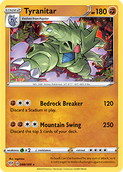 Rare Holo Pokémon card Tyranitar 88/189 from Darkness Ablaze expansion