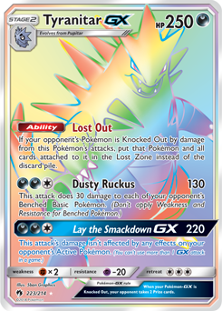 Secret Rainbow GX Pokémon card Tyranitar GX 223/214 from Lost Thunder expansion