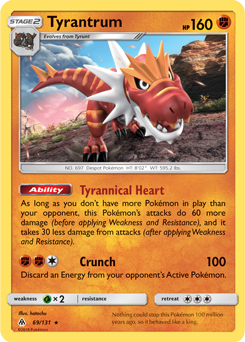 Rare holo Pokémon card Tyrantrum 69/131 from Forbidden Light expansion