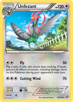 Rare Pokémon card Unfezant 86/114 from Black & White expansion