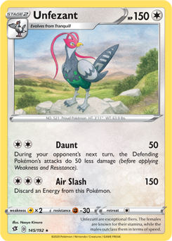 Rare Pokémon card Unfezant 145/192 from Rebel Clash expansion