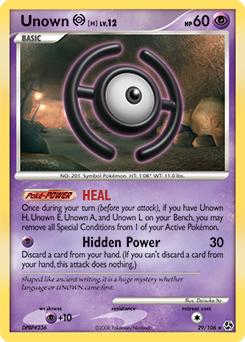 Rare Pokémon card Unown H 29/106 from Great Encounters expansion