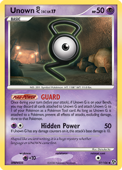 Uncommon Pokémon card Unown G 57/106 from Great Encounters expansion