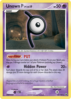 Rare Pokémon card Unown P 33/100 from Majestic Dawn expansion