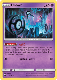 Rare Pokémon card Unown 91/214 from Lost Thunder expansion