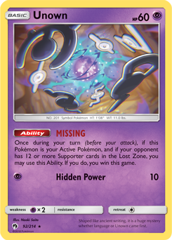 Unown 92/214 Pokémon card from Lost Thunder for sale at best price