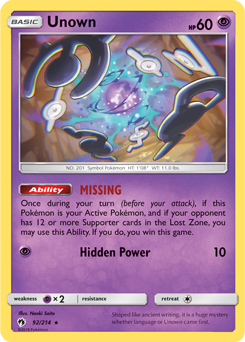 Rare Pokémon card Unown 92/214 from Lost Thunder expansion
