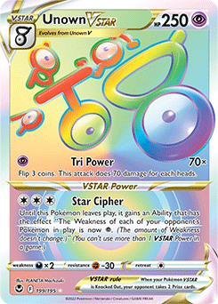 Rainbow VSTAR Pokémon card Unown VSTAR 199/195 from Silver Tempest expansion