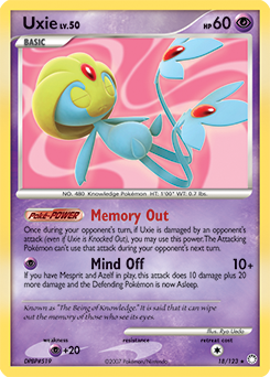 Rare holo Pokémon card Uxie 18/123 from Mysterious Treasures expansion