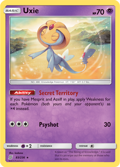 Rare holo Pokémon card Uxie 83/236 from Unified Minds expansion